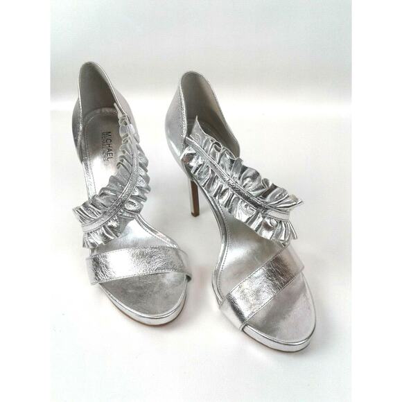 Michael Kors Womens Silver 4.5" Heels/Sandals W/Wide Ruffle Ankle Strap Sz 7.5M - Picture 3 of 8